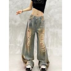 批发个性刷漆烫钻破洞做旧休闲牛仔裤女夏新款<b class='q'>高腰</b>宽松显瘦百搭阔腿裤