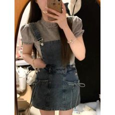 批发夏季新款小个子收腰宽松显瘦可爱少女短裙韩系学院风牛仔背带裙女