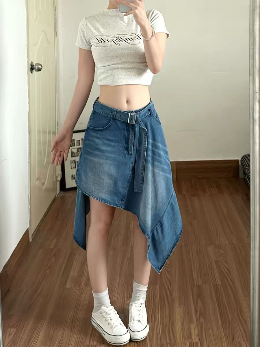 巨好看的不规则蓝色牛仔半身裙女...