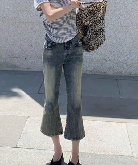한 부서 워싱 마 오래된 데님 반바지 여성 여름 레트로 부츠컷 바지 몸매 가꾸기 슬림해 보이는 다용도 스트레이트 7부 바지