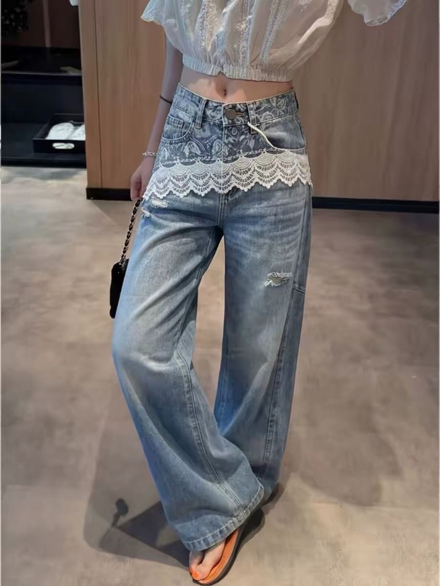 蕾丝假两件印花牛仔阔腿裤女高腰...