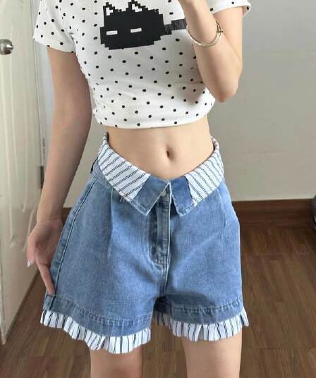 여름 새로운 루즈핏 꽃밭 바지 핫 바지 디자인 센스 스트라이프 패치워크 하이웨이스트 데님 반바지 바지 여자