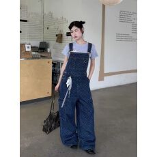 批发蓝色波点工装牛仔<b class='q'>背带裤</b>女夏季新款小众设计感宽松阔腿裤