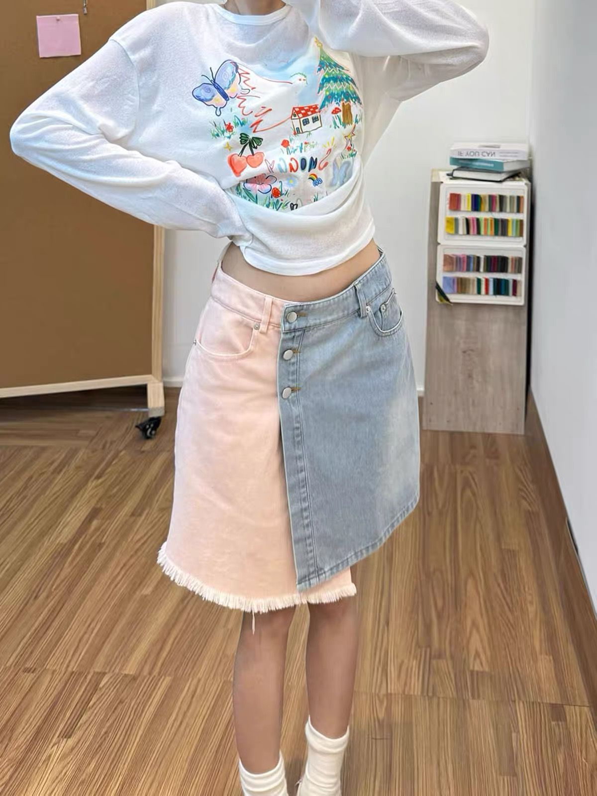 夏季新款设计感A字短裙美式高街不规则撞色拼接牛仔半身裙女   服裝批發女裝批發服飾貨源