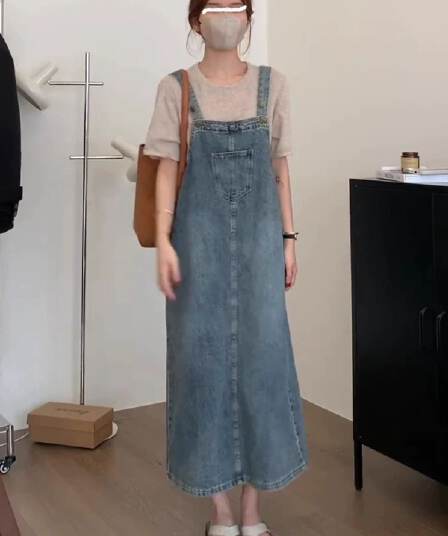 새로운 한국 스타일 다용도 루즈핏 봄 여름 연령 감소 소금 부서 레트로 트임 데님 멜빵 스커트 여자 중간 롱 코트
