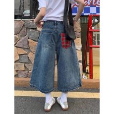 批发设计感复古<b class='q'>格子</b>拼接牛仔<b class='q'>裤</b>女夏季2026新款宽松阔腿七分短<b class='q'>裤</b>子