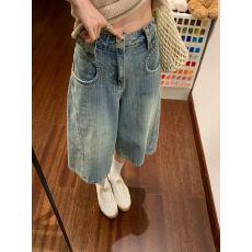 批发美式复古竹节纹水洗做旧<b class='q'>牛仔</b>七分裤<b class='q'>男</b>女街头宽松休闲小众设计<b class='q'>短裤</b>