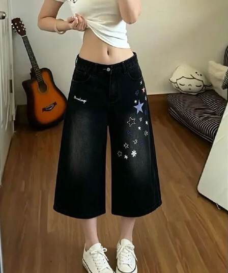 별 자수 패치 7 점 청바지 여성 여름 루즈핏 슬림해 보이는 넓은 다리 다용도 중 반바지 트렌디