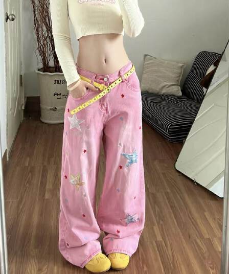 슈퍼 잘 생긴 핑크색 워싱 재미있는 패치 별 청바지 여자 고급 센스 루즈핏 캐주얼 스트레이트 롱 바지