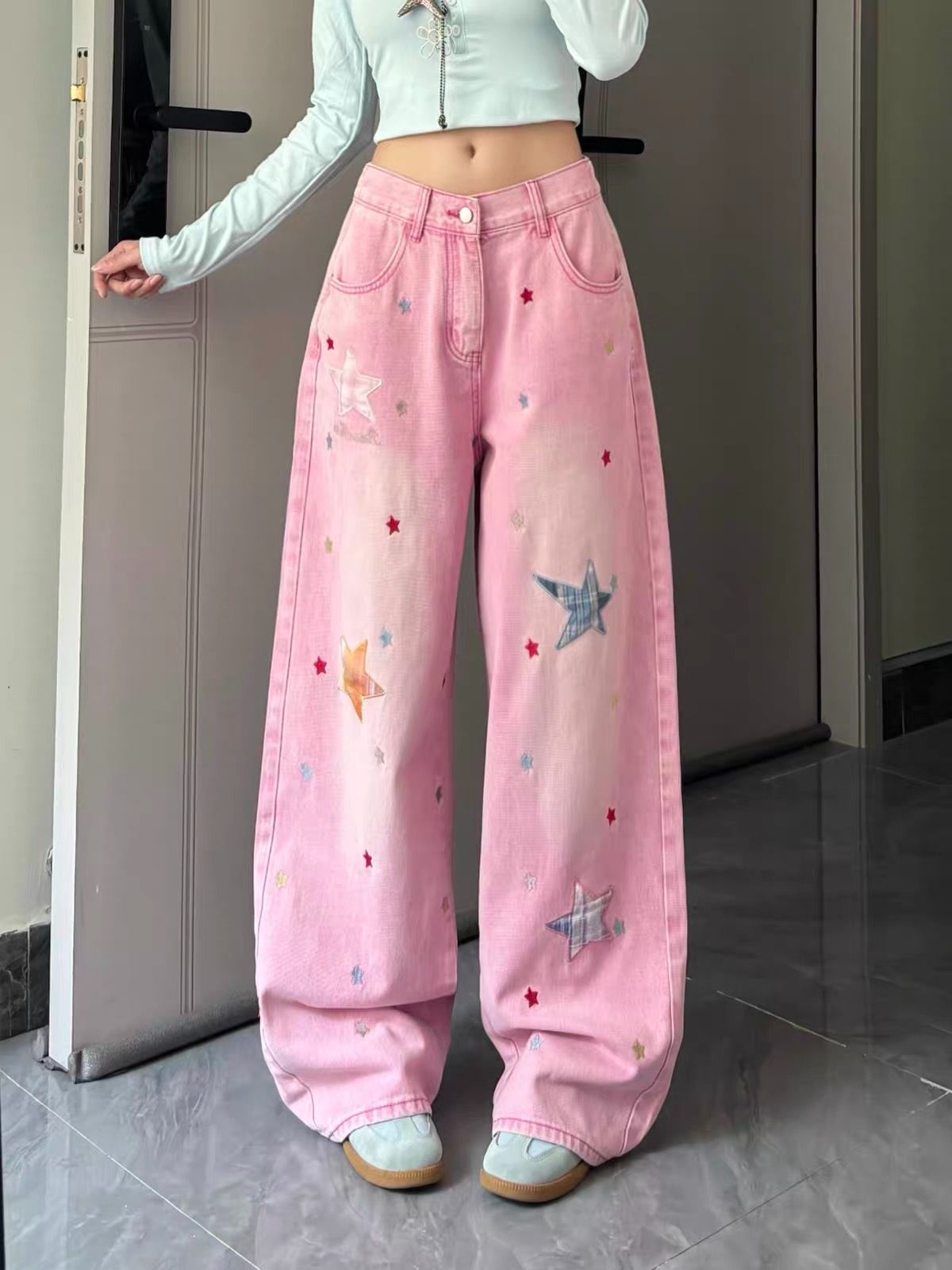 RY7417# 超好看星星贴布水洗牛仔裤裤子女款2026新款宽松百搭拖地长裤