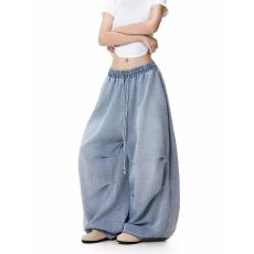 批发美式街头褶皱松紧腰阔腿牛仔裤<b class='q'>男</b>女宽松休闲hiphop垂感长裤夏季薄