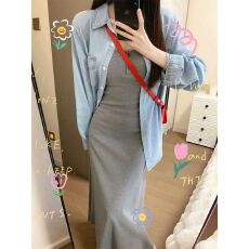 批发气质灰色<b class='q'>吊带</b>连衣裙子女秋秋2026新款高级感穿搭法式衬衫长裙套装