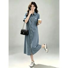 批发2026超火牛仔<b class='q'>连衣裙</b>女夏高级感<b class='q'>短袖</b>薄款衬衫裙中长款休闲漂亮裙子