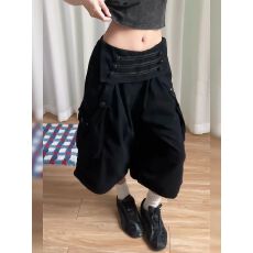 批发美式辣妹黑色休闲阔腿七分裤女<b class='q'>夏</b>季薄款设计感宽松工装牛仔短裤子
