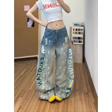 批发潮酷慵懒涂鸦印花破洞阔腿牛仔裤裤子女款2026<b class='q'>夏</b>季新款宽松拖地裤