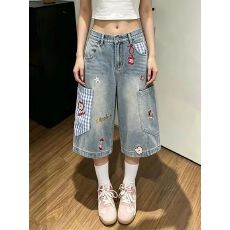 批发美式复古苹果小狗刺绣牛仔裤<b class='q'>女</b>秋季新款宽松格纹大口袋工装<b class='q'>七分裤</b>