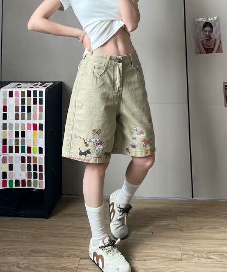 한 부서 하이웨이스트 카키 동물 자수 데님 반바지 바지 여자 2026 가을 새로운 와이드 레그 팬츠 오부 바지