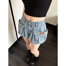 批发韩系复古蓝色花苞牛仔短裤裤子女款2026秋季新款显瘦口袋工装<b class='q'>热裤</b>