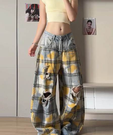 가을 루즈핏 디자인 센스 핫걸 넓은 다리 모통이 칼 바지 아메리칸 워싱 마 오래된 패치워크 찢어진 부분 체크무늬 청바지 여성