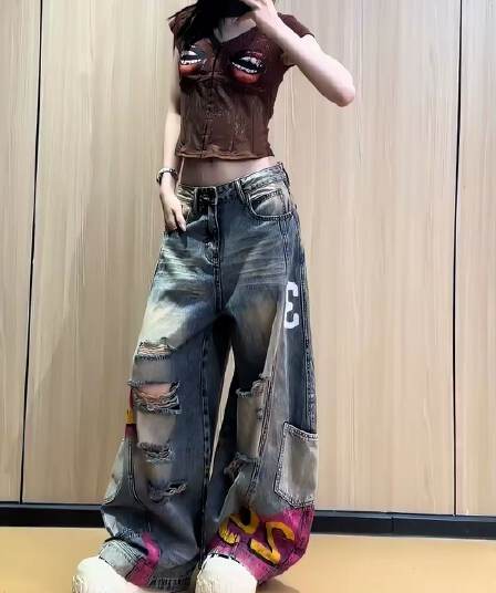 2026 가을 새로운 레트로 프린트 찢어진 부분 넓은 다리 청바지 여성 하이웨이스트 슬림해 보이는 캐주얼 워크웨어 모통이 칼 바지 여성