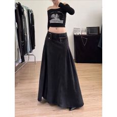 批发复古做旧黑灰色牛仔<b class='q'>半身裙</b>女款2026秋季新款高腰褶皱辣妹工装长裙