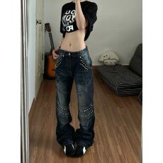 批发美式辣妹轻亚Y2K<b class='q'>牛仔裤</b>子女2026新款铆钉解构立体<b class='q'>绣花</b>修身微喇裤