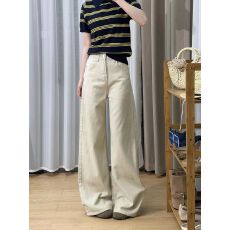 批发2026秋季新款美式高腰浅杏色牛仔裤子女显瘦水洗窄版复古拖地