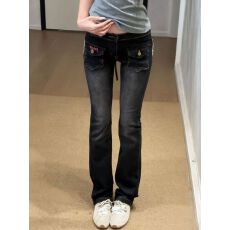 批发美式y2k辣妹后背绑带<b class='q'>牛仔</b>裤女设计感翅膀印花低腰修身微喇裤