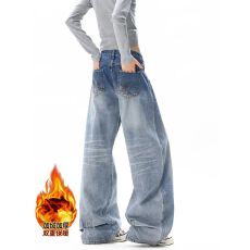 批发加绒加厚美式复古辣妹弯刀<b class='q'>牛仔裤</b><b class='q'>女</b>高街设计感宽松显瘦垂感阔腿<b class='q'>裤</b>