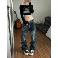 批发美式个性辣妹重磅划痕铆钉设计感<b class='q'>牛仔裤</b>子秋季女<b class='q'>修身</b>弯刀堆堆长裤