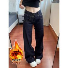 批发加绒加厚美式复古深蓝色牛仔裤女低腰裤子冬季新款女裤直筒休闲裤