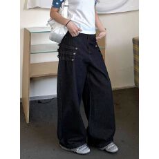批发美式复古宽松宫廷风排扣弯刀牛仔裤女阔腿拖地cleanfit长裤潮