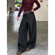 批发美式复古双侧排扣宽松弯刀牛仔裤女阔腿拖地cleanfit街头长裤