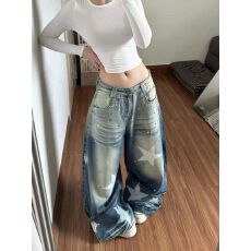 批发韩版美式复古设计感印花阔腿<b class='q'>牛仔裤</b>女春秋薄款高腰宽松显瘦拖地裤