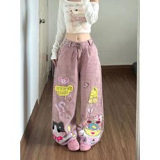 趣味卡通猫咪刺绣牛仔裤女秋季2026新款设计感宽松直筒阔腿长裤子