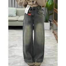 批发美式高街vibe设计感复古<b class='q'>牛仔裤</b>女春秋高腰阔腿显瘦宽松直筒拖地裤