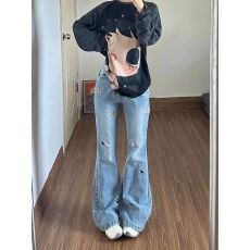 批发美式风小狗刺绣微喇<b class='q'>牛仔裤</b>女秋季2026新款复古高腰显瘦拖地长裤子
