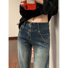 批发美式复古蓝微喇<b class='q'>牛仔裤</b>女2026秋季新款高腰显瘦不贴腿竹节纹喇叭裤
