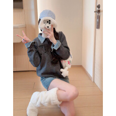 批发假两件翻领<b class='q'>针织衫</b><b class='q'>女</b>开衫<b class='q'>毛衣</b>秋冬季保暖牛仔拼接外套通勤风上衣