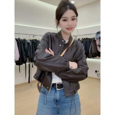 批发休闲风立领长袖短款抽绳皮衣 显瘦气质<b class='q'>通勤</b>