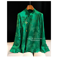 批发绿色重磅<b class='q'>真丝</b>国风衬衫<b class='q'>女</b>春夏新款复古盘扣气质桑蚕丝长袖<b class='q'>上衣</b>衬衣