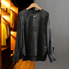 批发别致减龄白色<b class='q'>真丝</b>衬衫<b class='q'>女</b>2025秋季新品中式侧襟提花桑蚕丝<b class='q'>上衣</b><b class='q'>女</b>