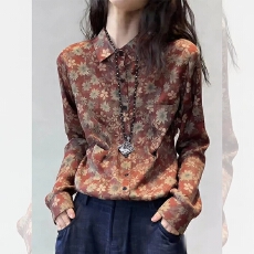 批发复古小众碎花设计感POLO领衬衫女春季新款长袖咖色高级感减龄上衣