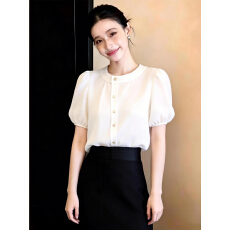 批发法式气质名媛简约白色圆领泡泡袖衬衫女夏季新款<b class='q'>通勤</b>显瘦小众衬衣