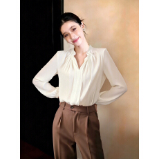 批发优雅法式白色荷叶边领长袖衬衫女春季设计感小众时髦洋气<b class='q'>通勤</b>衬衣