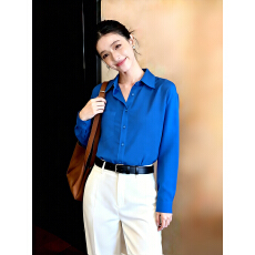 批发克莱因蓝polo领真丝长袖衬衫女<b class='q'>秋</b>季通勤百搭衬衣开衫防晒外套上衣