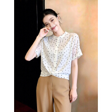 批发米白色圆领短袖T恤女2026夏季新款轻奢高端斑点印花设计大码上衣