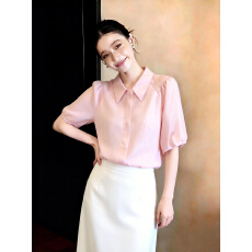 批发粉色雪纺衬衫女夏季新款法式<b class='q'>泡泡袖</b>别致绝美上衣洋气百搭短袖衬衫