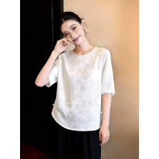 批发中式复古<b class='q'>真丝</b>提花上衣女2026夏季新品气质百搭圆领宽松短袖小衫女