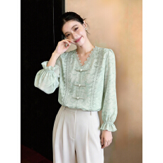 批发雪纺衬衫女士长袖春秋2026新款时尚洋气中式国风盘扣v领衬衣上衣